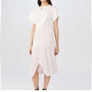 Maje White Striped Pinafore Midi Dress Red Blue Snap Straps Size 2
